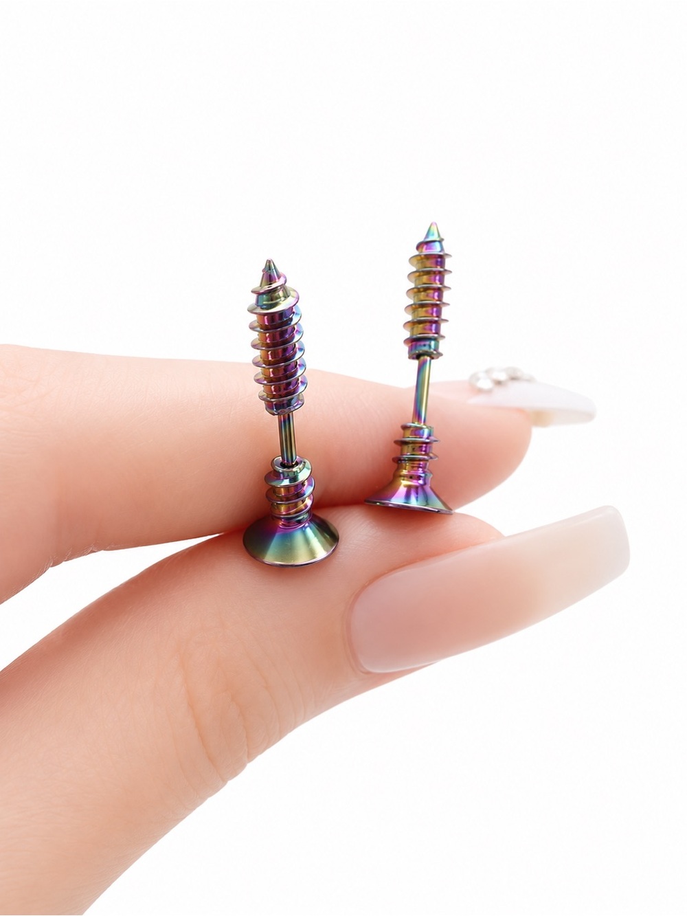 Oil Slick Rainbow Screw Stud Earrings 16G Stainless Steel Punk Grunge - Picture 4 of 8